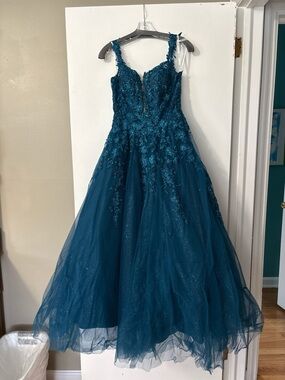 ellie wilde Teal Embroidered Tulle Ball Gown